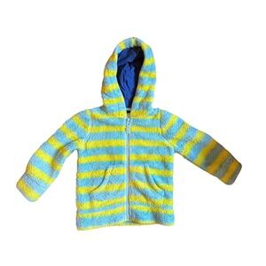 Mini Boden Blue Yellow Stripe Fleece Shaggy Hoodie Hoody‎ Warm 3-4